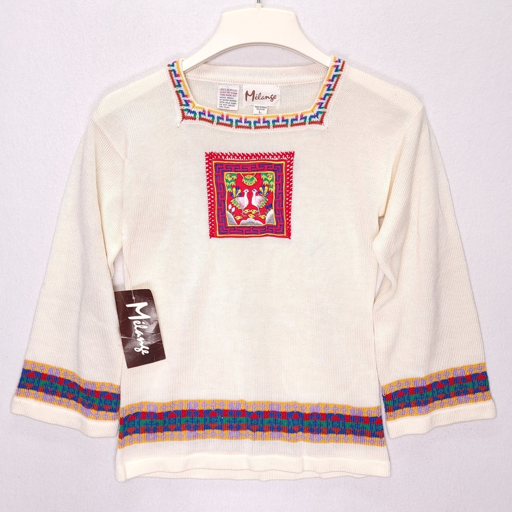 Vintage Melange Womens Cream Embroidered Bird‎ Patch Knit Sweater Large NWT